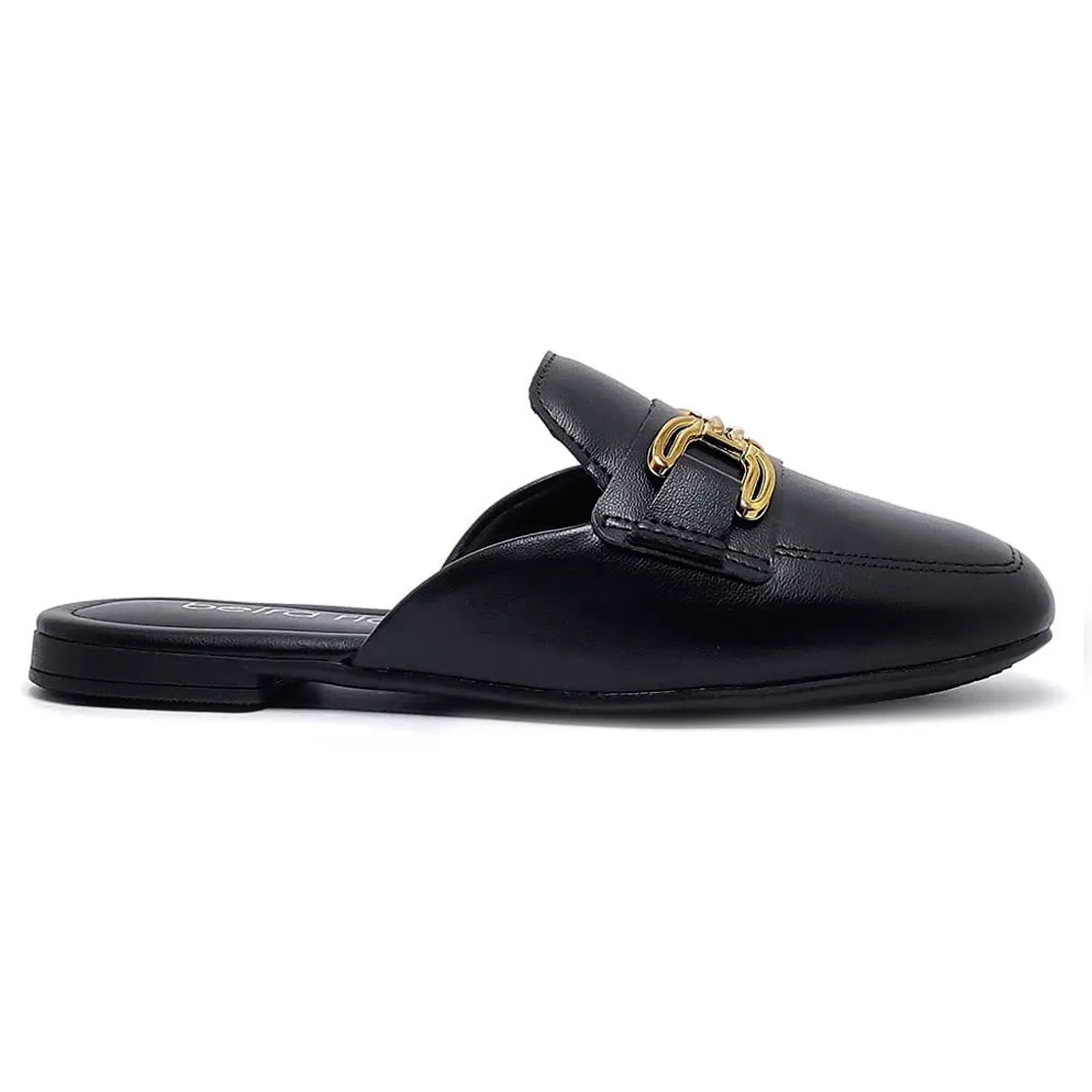 Mule Beira Rio feminino preto com detalhe metalizado dourado vista lateral direita